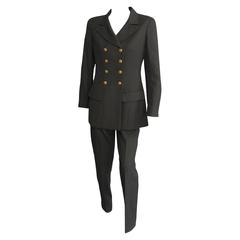 Retro 1996 CHANEL Dark Green Pant Suit with Gold Button Detail