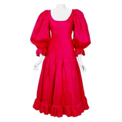 Vintage 1990's Oscar de la Renta Pink Silk Puff-Sleeve Voluminous Ruffle Dress