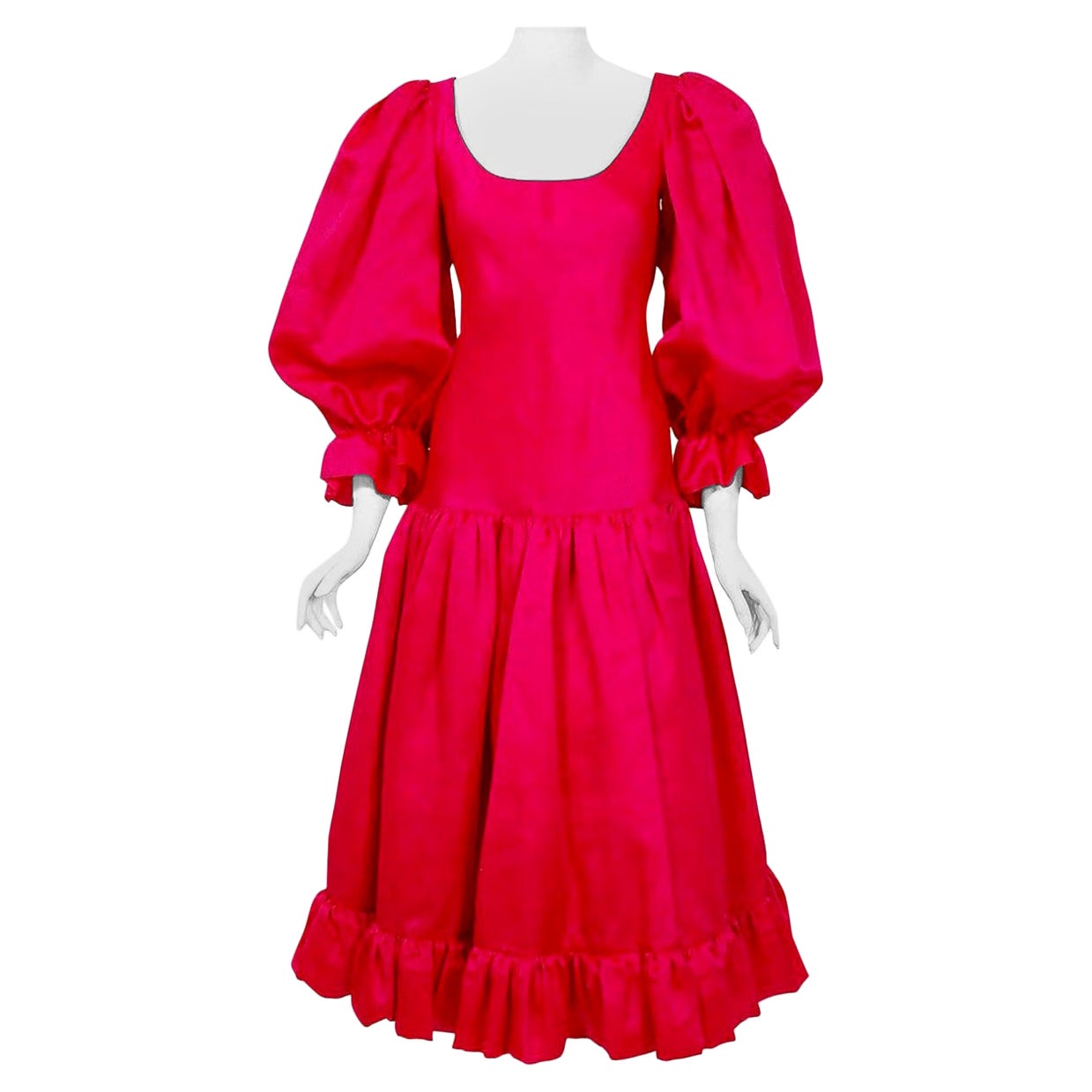 Vintage 1990's Oscar de la Renta Pink Silk Puff-Sleeve Voluminous Ruffle Dress For Sale