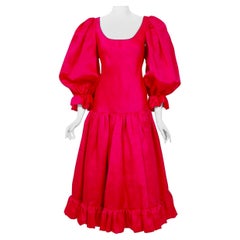 Antique 1990's Oscar de la Renta Pink Silk Puff-Sleeve Voluminous Ruffle Dress