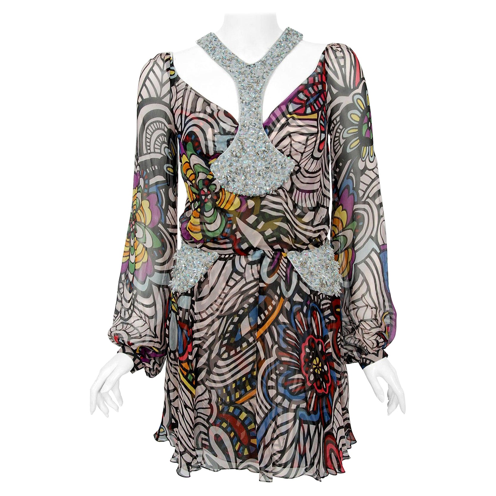 Vintage Missoni Psychedelic Silk Chiffon Beaded Cut Out Mini Dress w/ Tags  For Sale