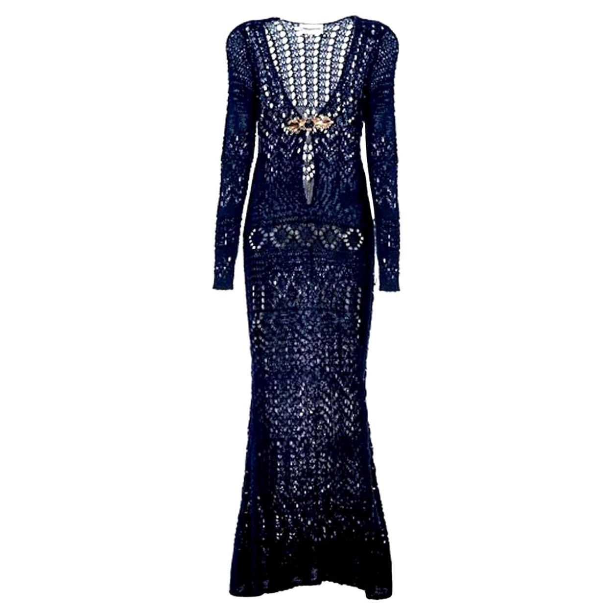 UNWORN Emilio Pucci by Peter Dundas 2011 Navy Crochet Knit Maxi Dress Gown 42 For Sale