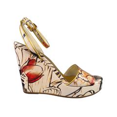 PRADA Size 6 White Patent Leather Fairy Print Ankle Strap Wedges Spring 2008