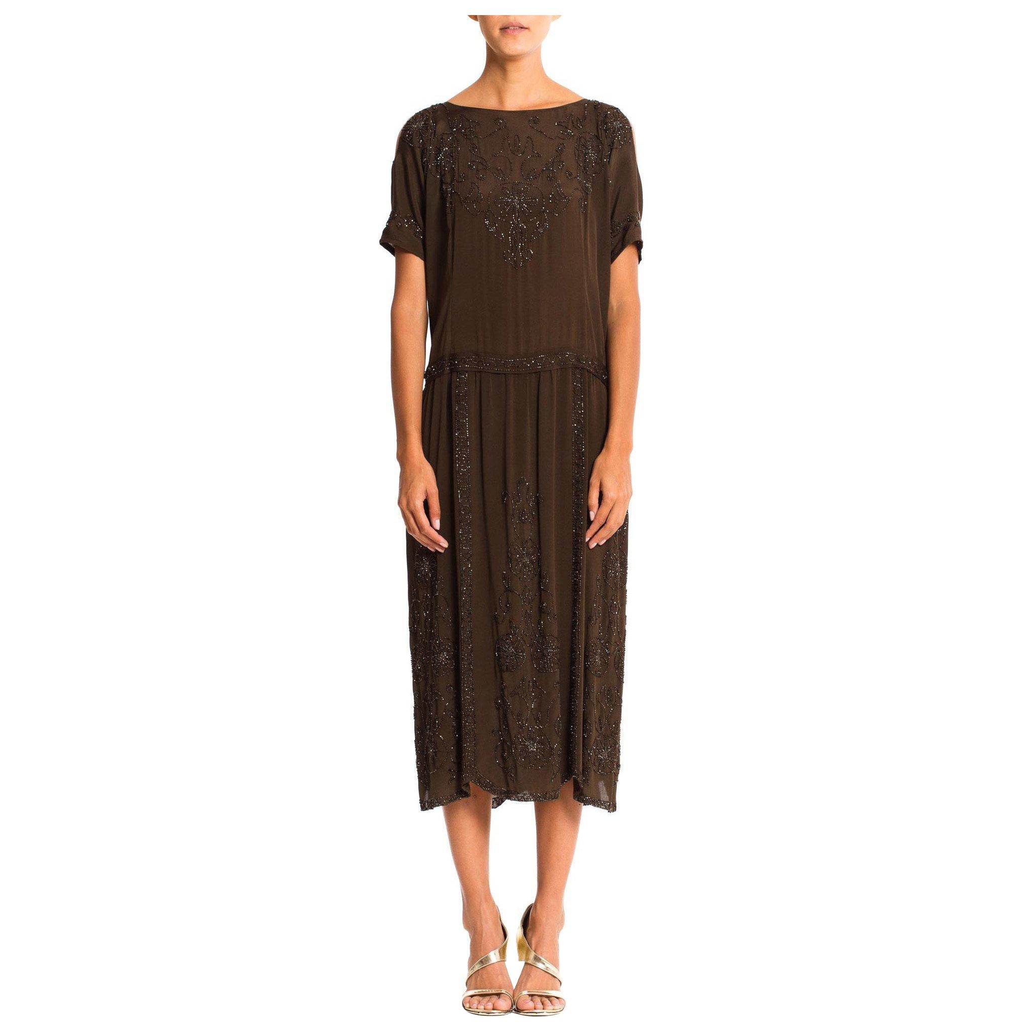 1920'S Olive Brown Silk Crepe Deco Medallion Beaded Cocktail Dress With Cold Sh For Sale