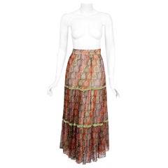 Vintage 1970 Thea Porter Couture Colorful Silk Chiffon & Velvet Bohemian Skirt