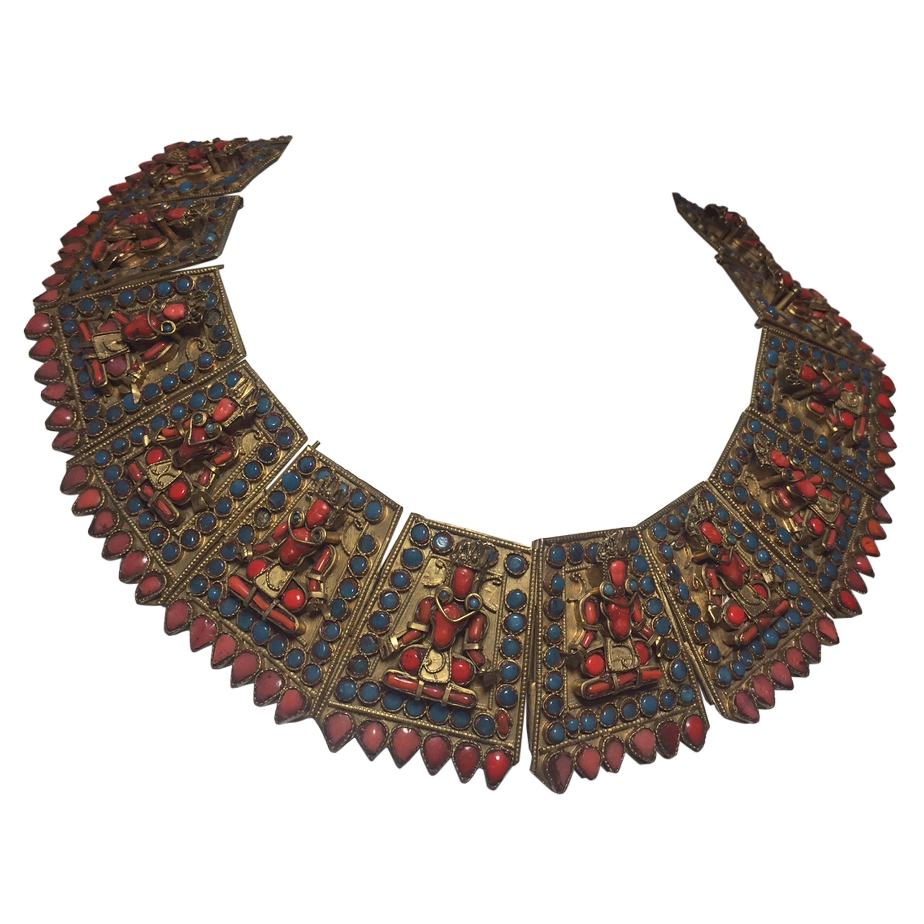 Antique Ethnic Bib Collar Necklace w/ Coral and Turquoise Inset Figures