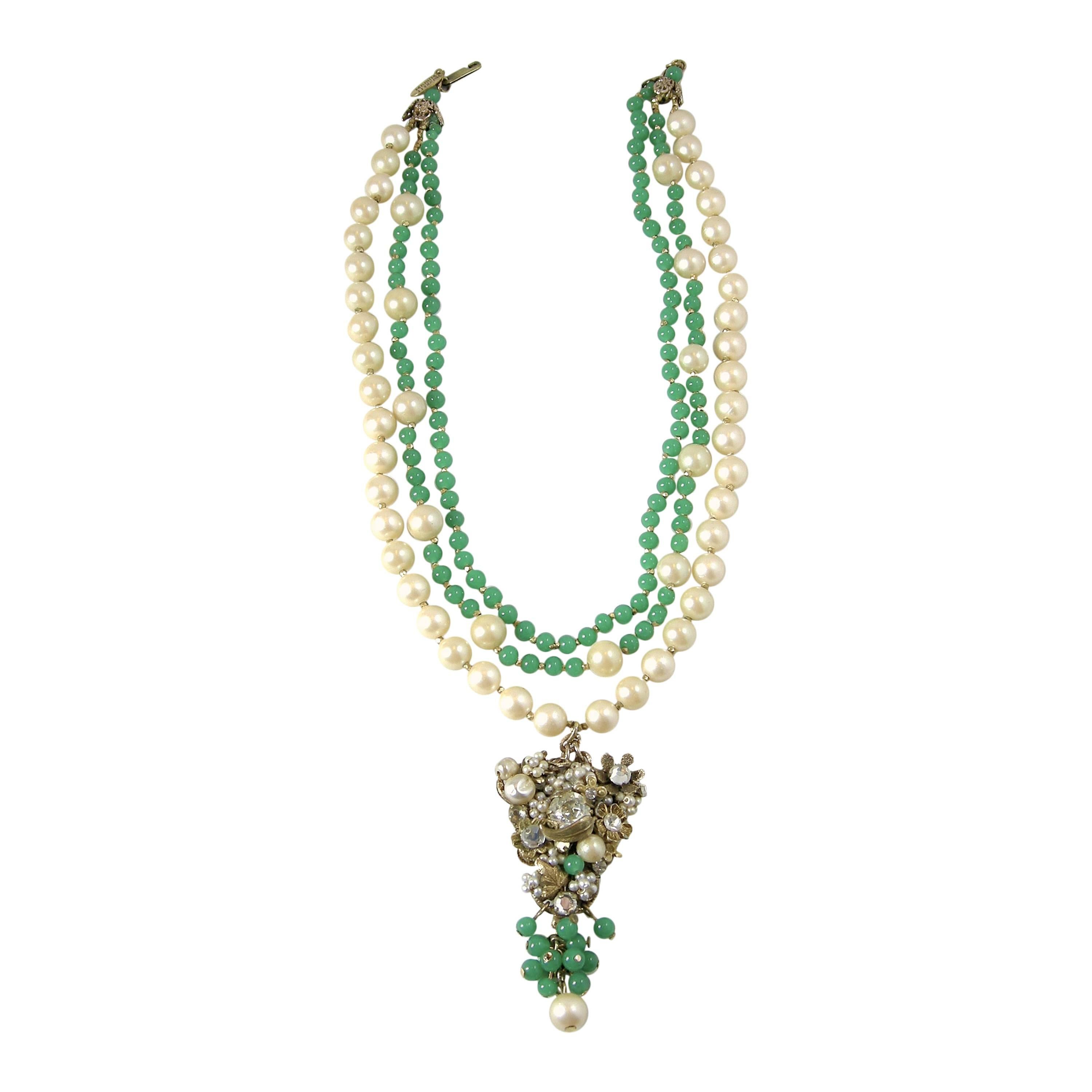 Vintage Signed Miriam Haskell 3-Strand Faux Pearl & Green Glass Bead Necklace For Sale