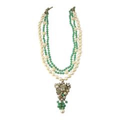 Vintage Signed Miriam Haskell 3-Strand Faux Pearl & Green Glass Bead Necklace