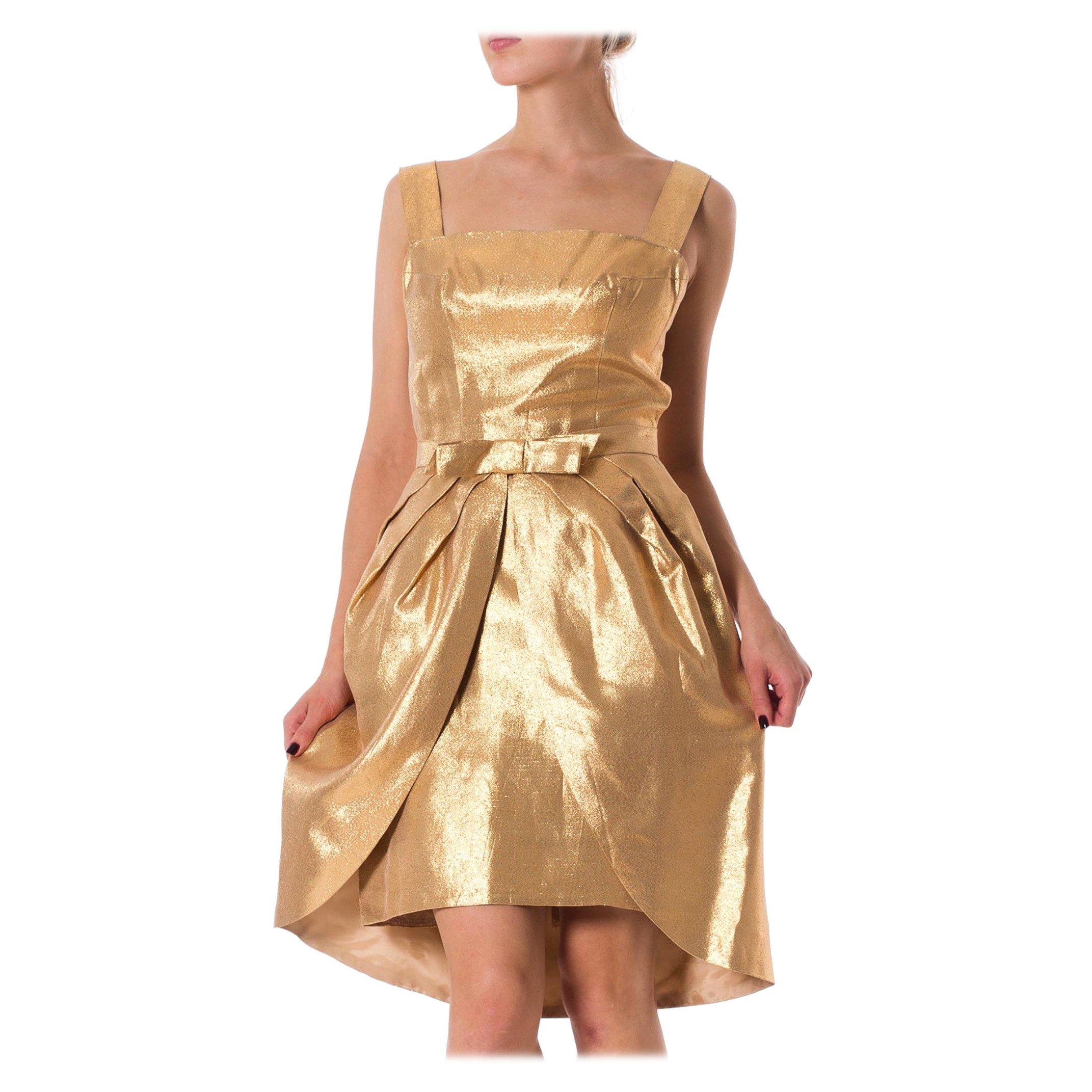 1950S Metallic Acetate & Lurex Gold Lamé Cocktail Dress With Detachable Peplum  For Sale