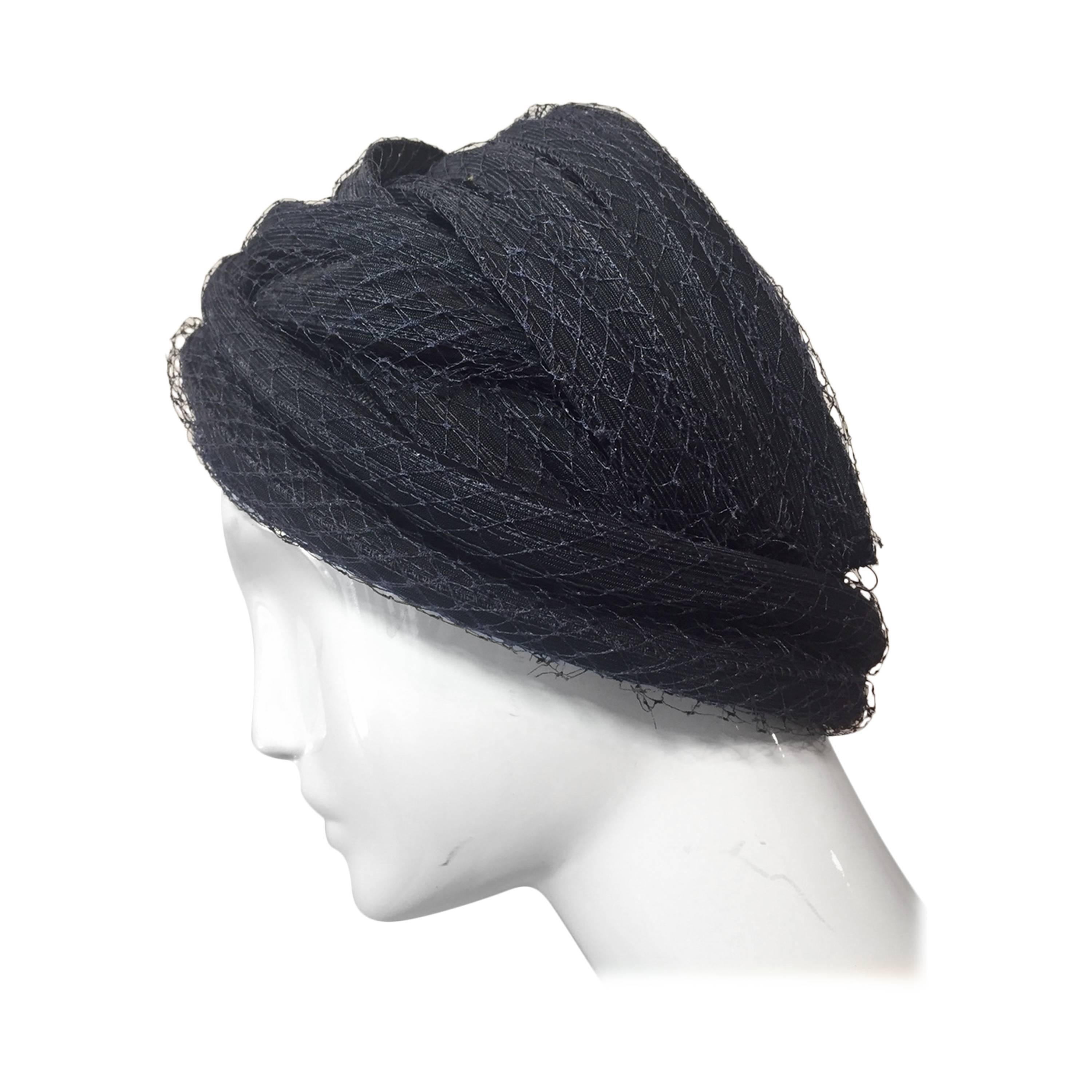 1960s Christian Dior Navy Blue Straw and Tulle Turban For Sale