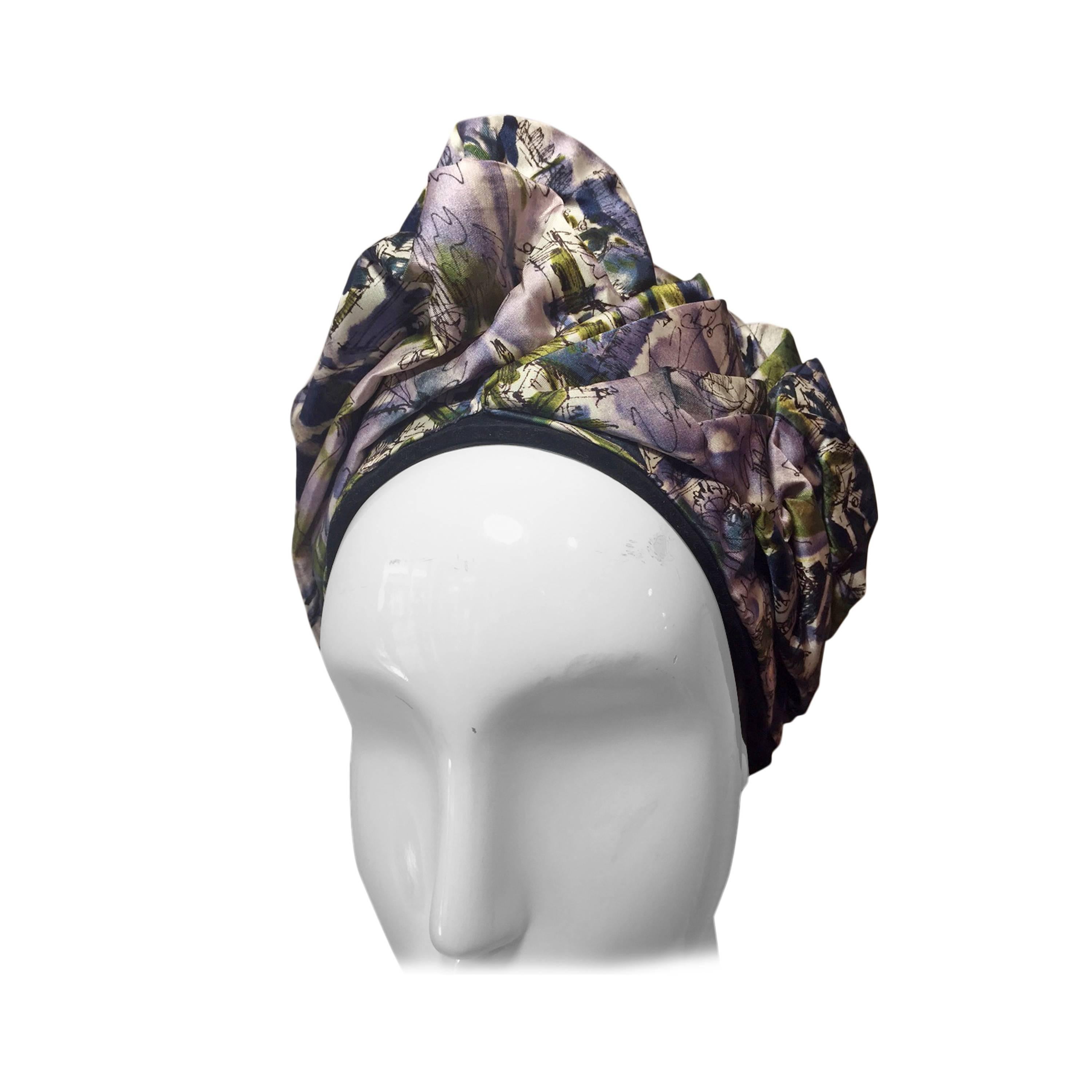 1950s Abstract Floral Print Silk Turban Hat with Velvet Band