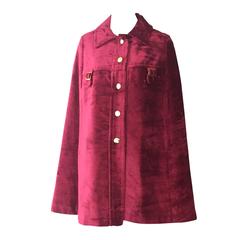 Vintage 1960s Pomegranate Velveteen Mod Caplet with Gold Hardware and Buttons 