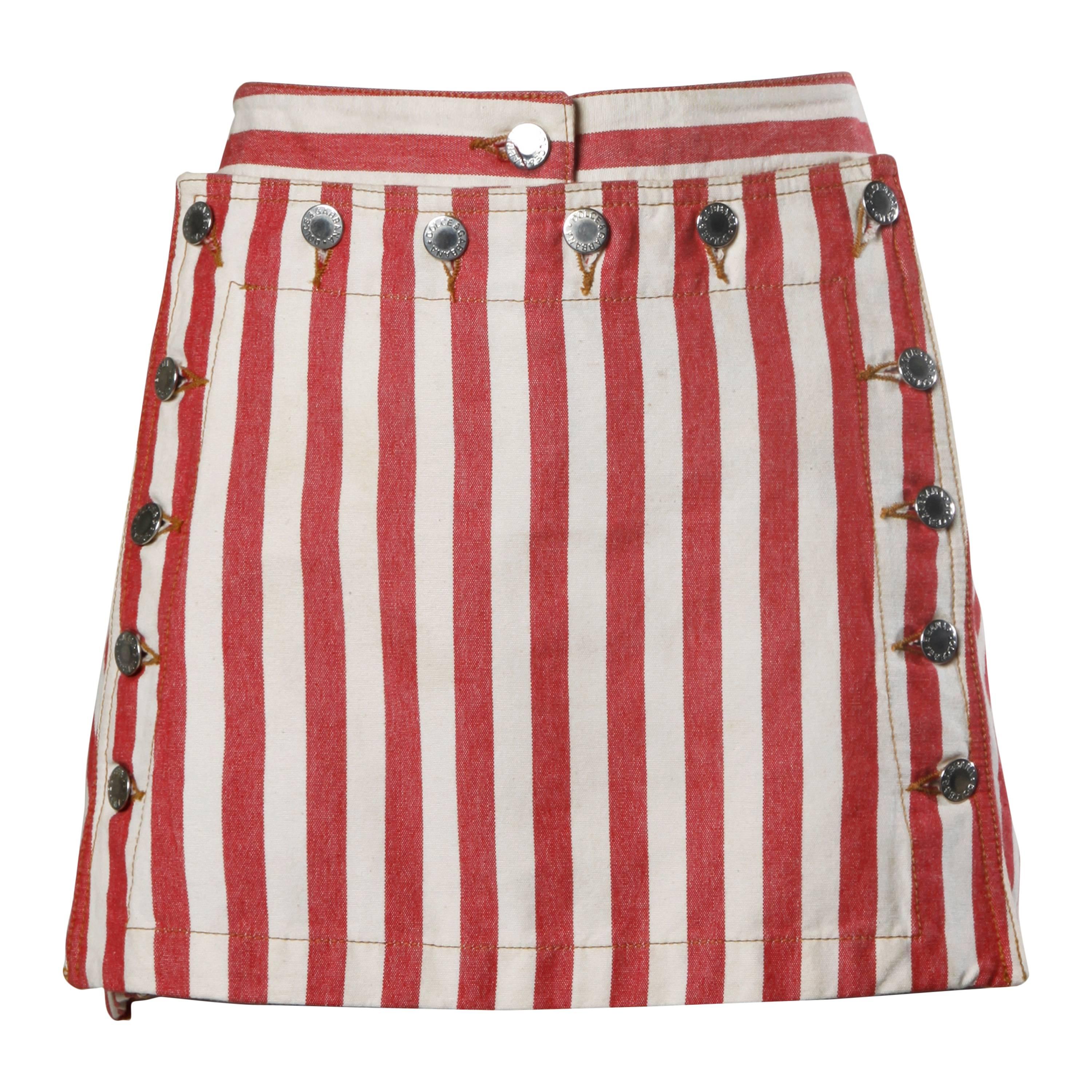 Dolce & Gabbana Red Striped Denim Mini Skirt with Lace Up Detail