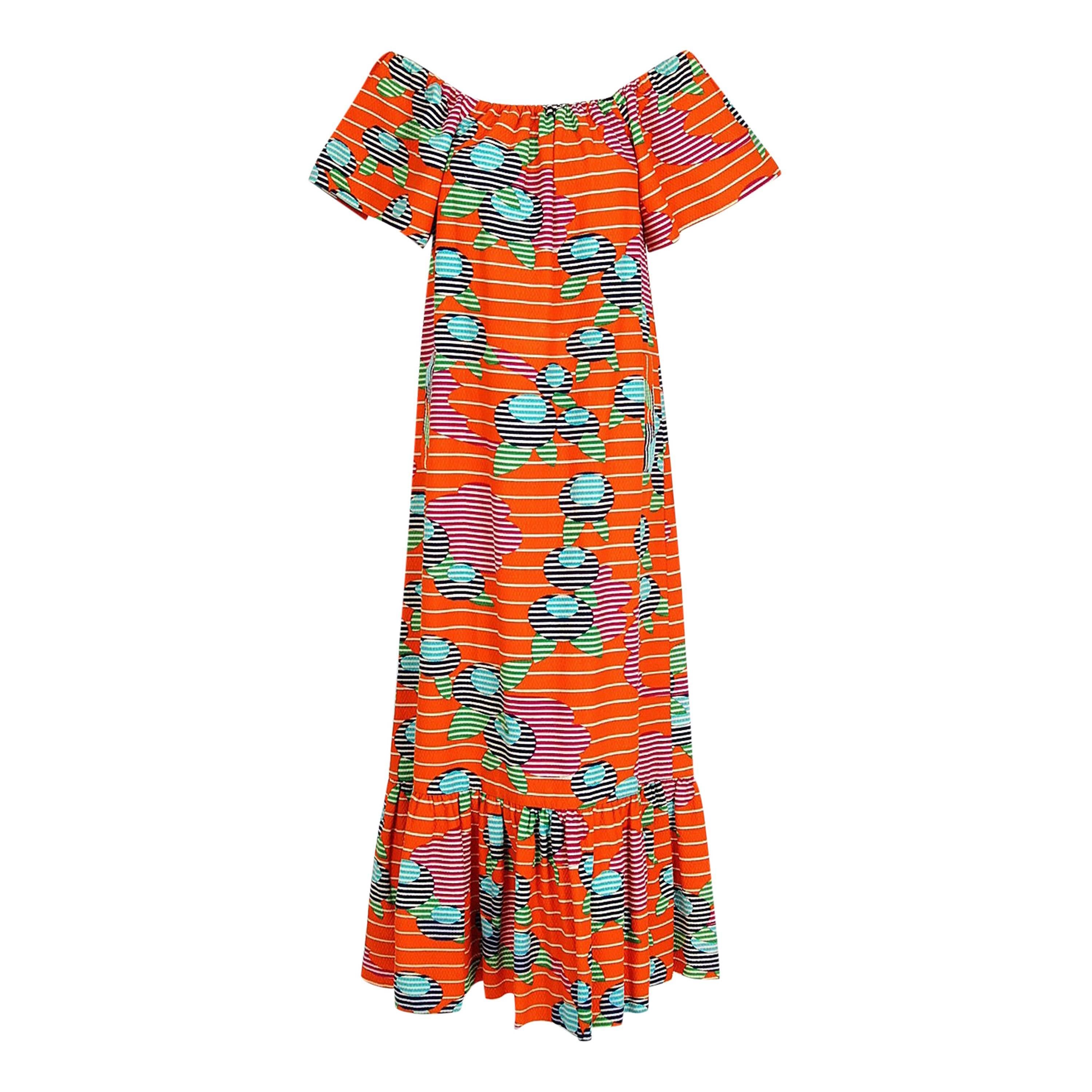 1970's Lanvin Colorful Print Off-Shoulder Pique Cotton Peasant Dress‏ 