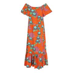 1970's Lanvin Colorful Print Off-Shoulder Pique Cotton Peasant Dress‏ 