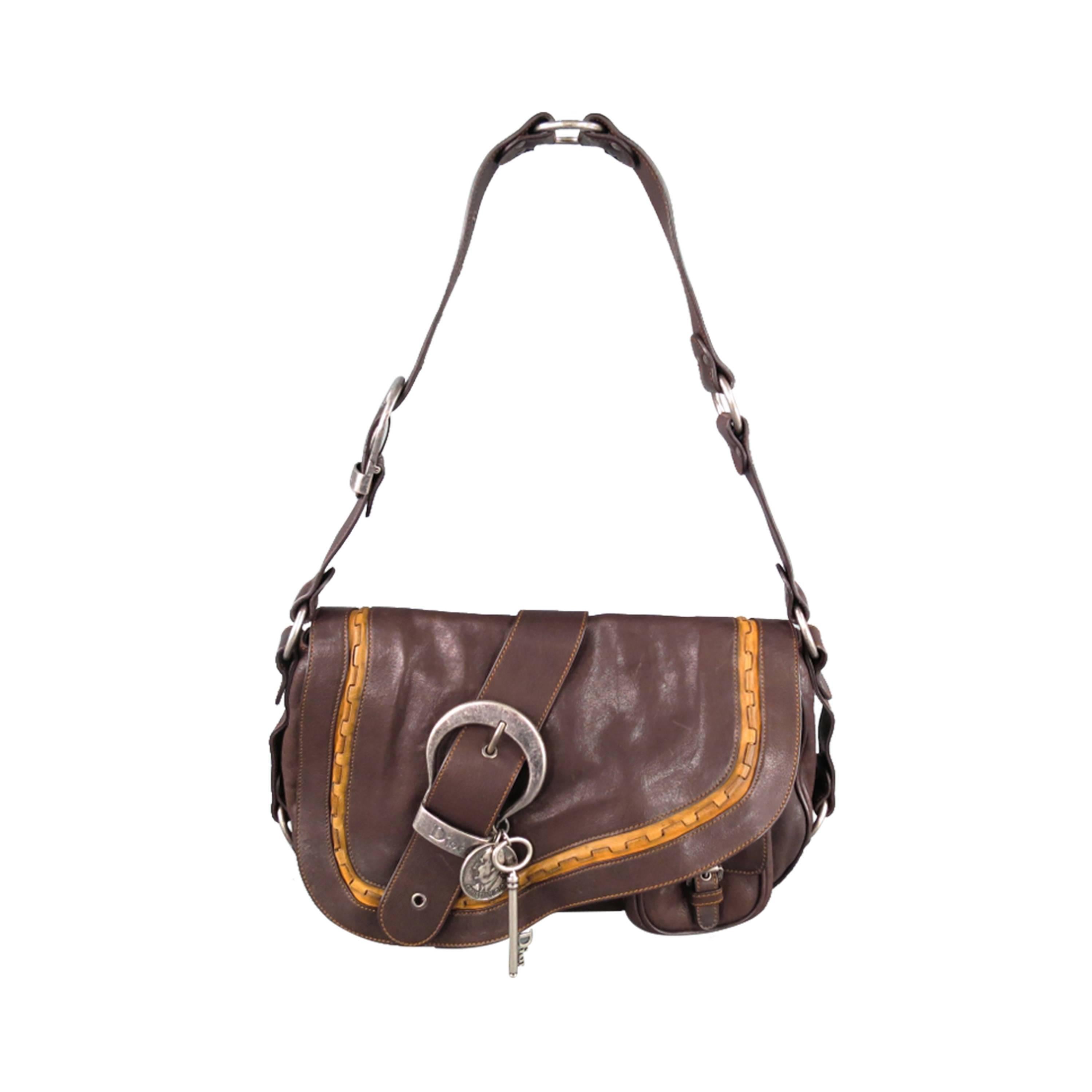 DIOR Brown Leather -Gaucho- Belt Buckle Key Charm Saddle Shoulder Bag