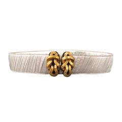 OSCAR DE LA RENTA Silver Metallic Tulle Gold Knot Buckle Leather Belt
