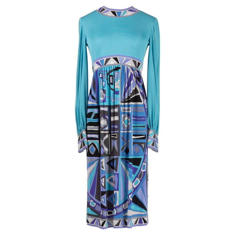 Emilio Pucci 1970 Turquoise Blue Purple "Ruota" Aztec Abstract Print Silk Dress For Sale