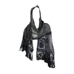 Floral Embroidered Silver Metal on Net Assuit Fringe Shawl