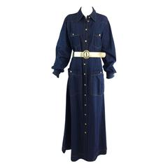 Vintage Moschino Couture denim maxi dress with pearl & rhinestone buttons