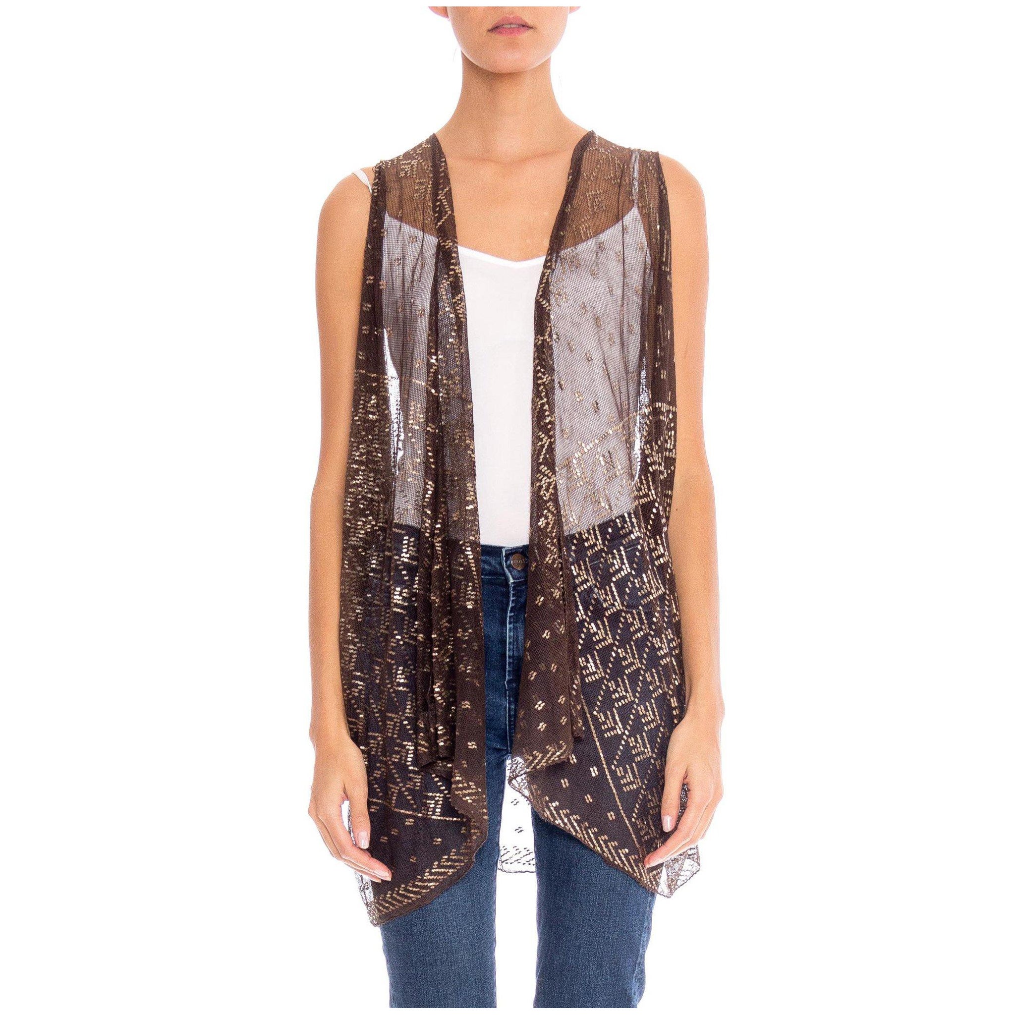 MORPHEW COLLECTION Chocolate Brown & Silver Egyptian Assuit Sheer Draped Vest For Sale