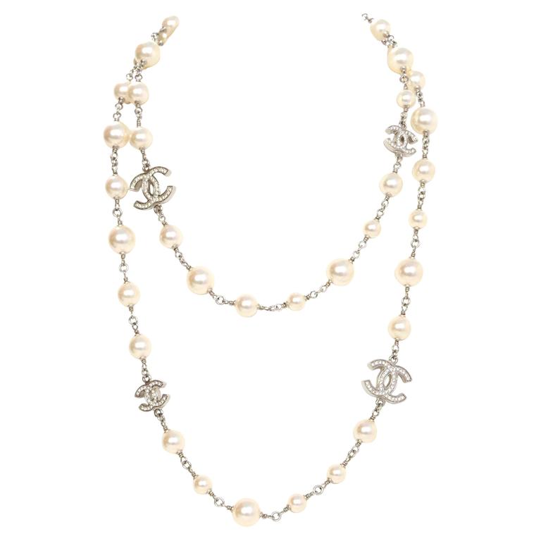 Chanel Pearl and Crystal CC Long Strand Necklace at 1stdibs