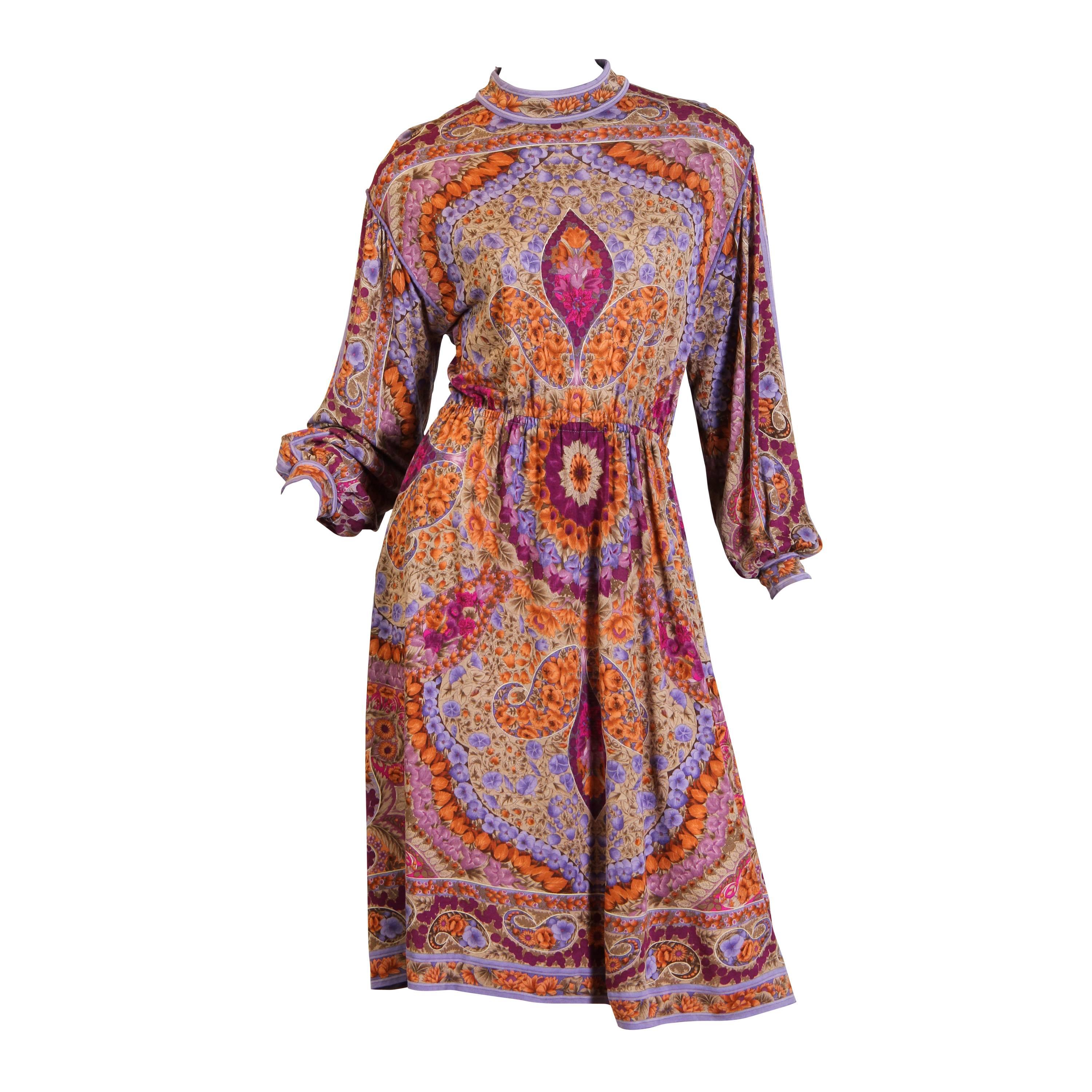 1970s Leonard Wool Jersey Dress with Rich Indian Floral Print