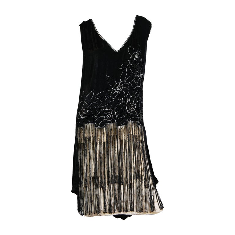 1920s Black & White Silk Velvet Fringe Cocktail Dress With Rhinestones