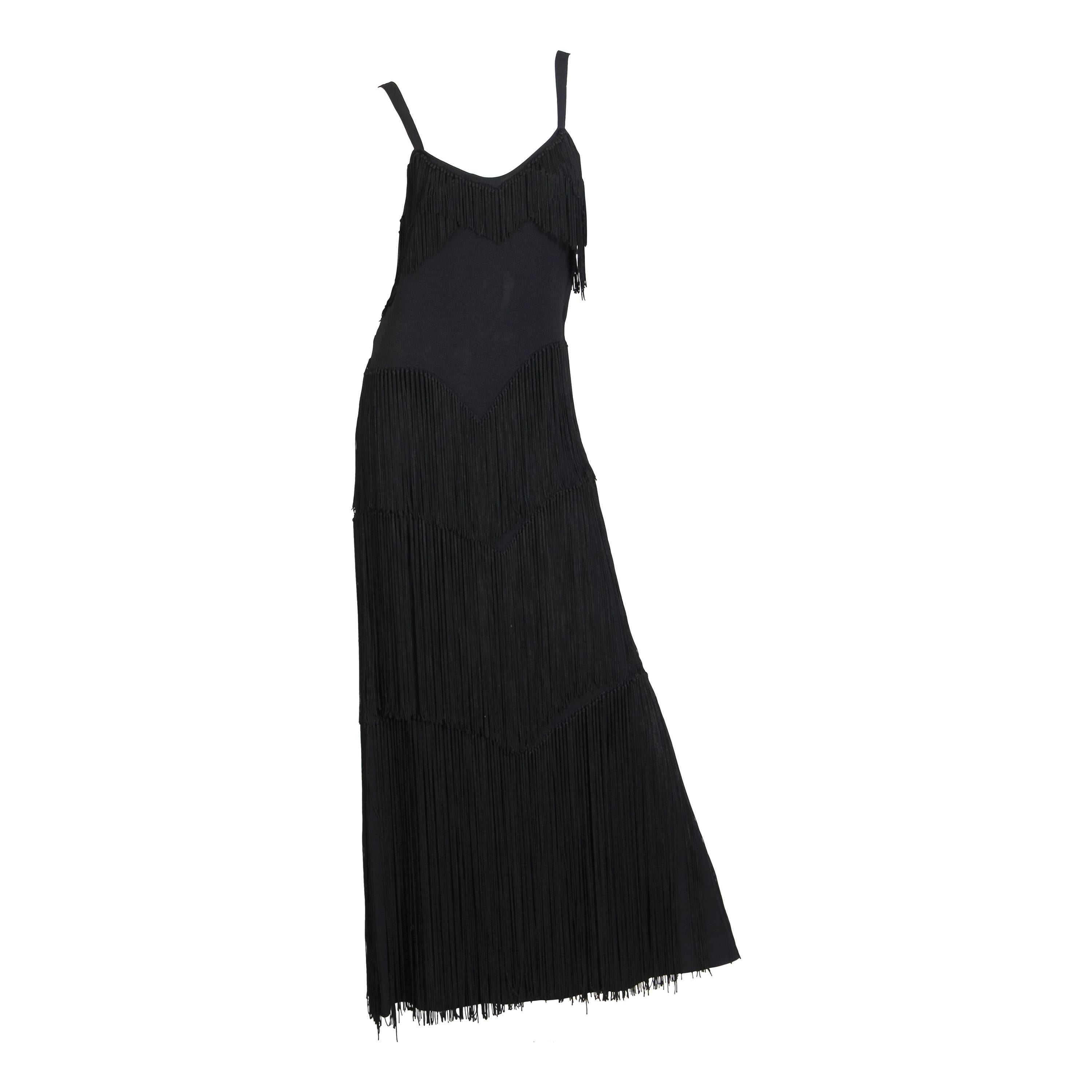 1940S Black Silk Crepe Gown With Tiers Of Hand-Knotted Fringe L