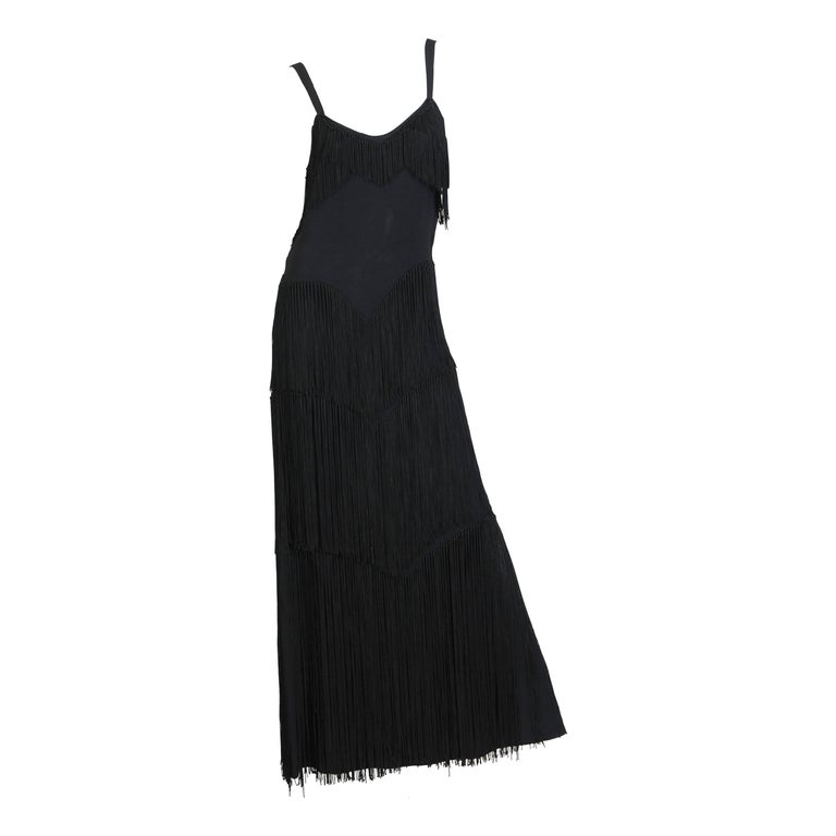 1940S Black Silk Crepe Gown With Tiers Of Hand-Knotted Fringe L at 1stDibs