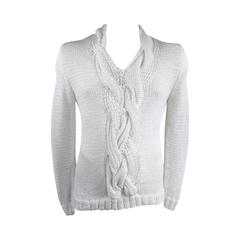 ANN DEMEULEMEESTER Size S Chunky White Mesh Cable Knit V Neck Sweater