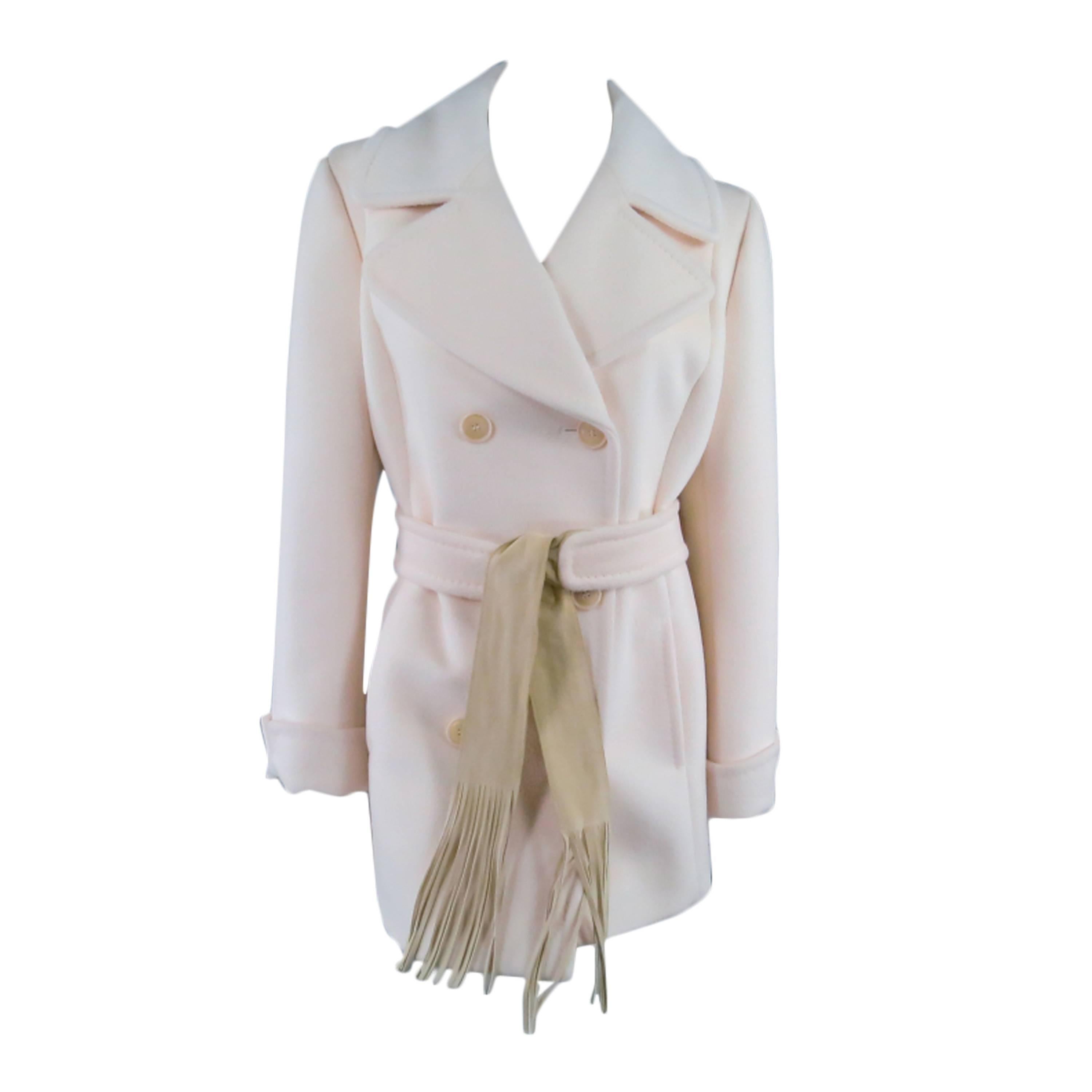 MAX MARA Size 14 Cream Wool Blend Suede Fringe Belt Double Breasted Pea Coat