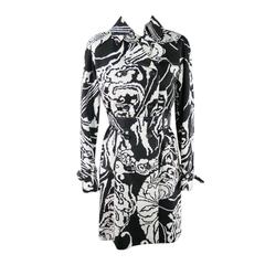 GUCCI Size 8 Black & White Cotton Floral Trenchcoat