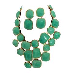 Kenneth J Lane (KJL) Green and Gold Tone Necklace with Matching Earrings