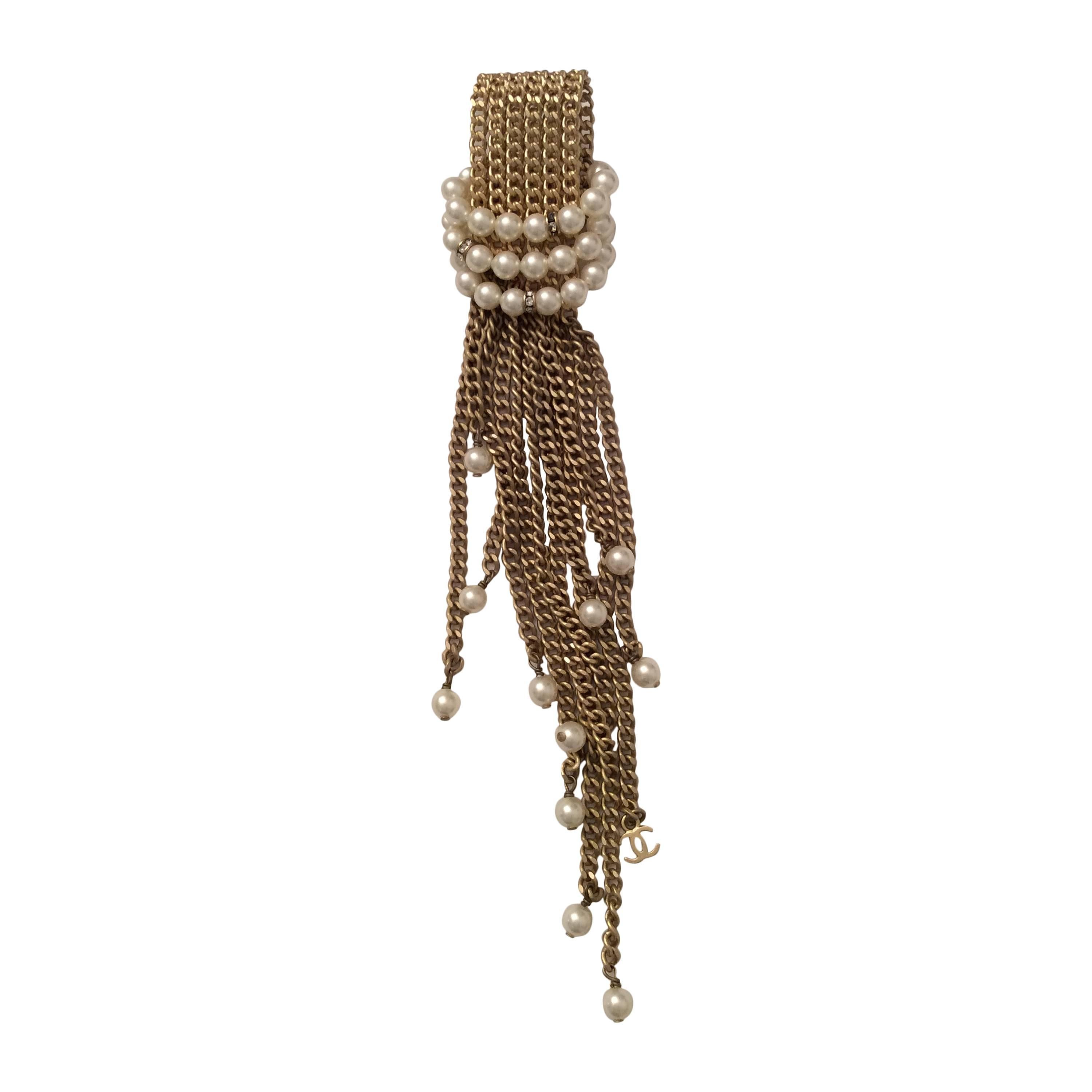 Chanel Pearl, Rhinestone, and Gold Tone Chain Brooch - 1970's For Sale