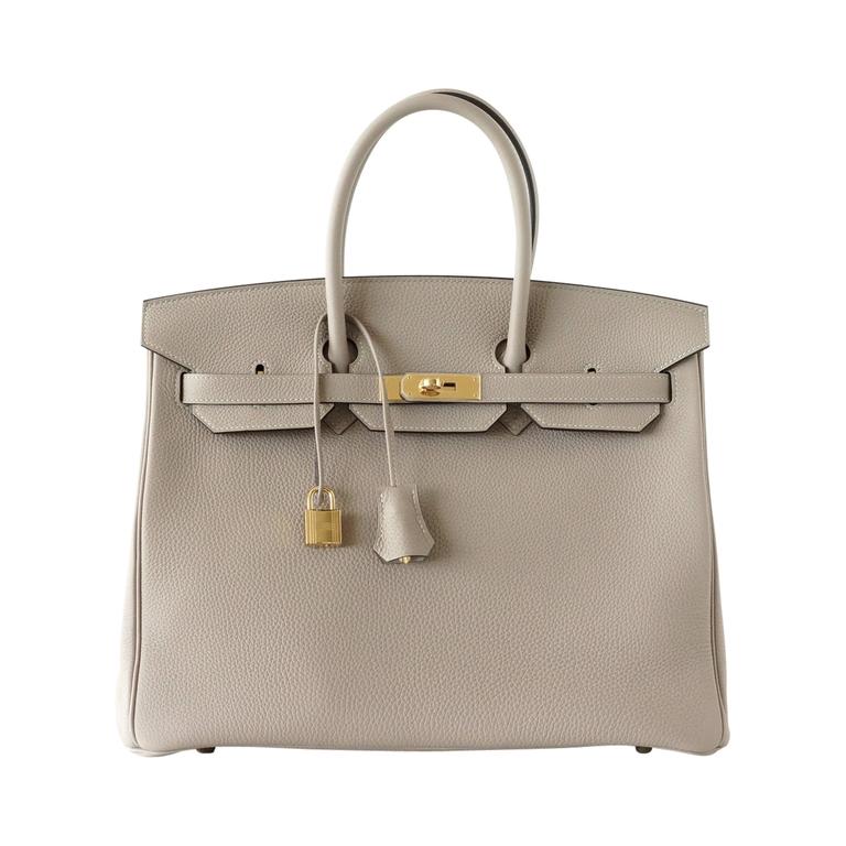 HERMES BIRKIN 35 bag GRIS TOURTERELLE togo coveted gold hardware For Sale