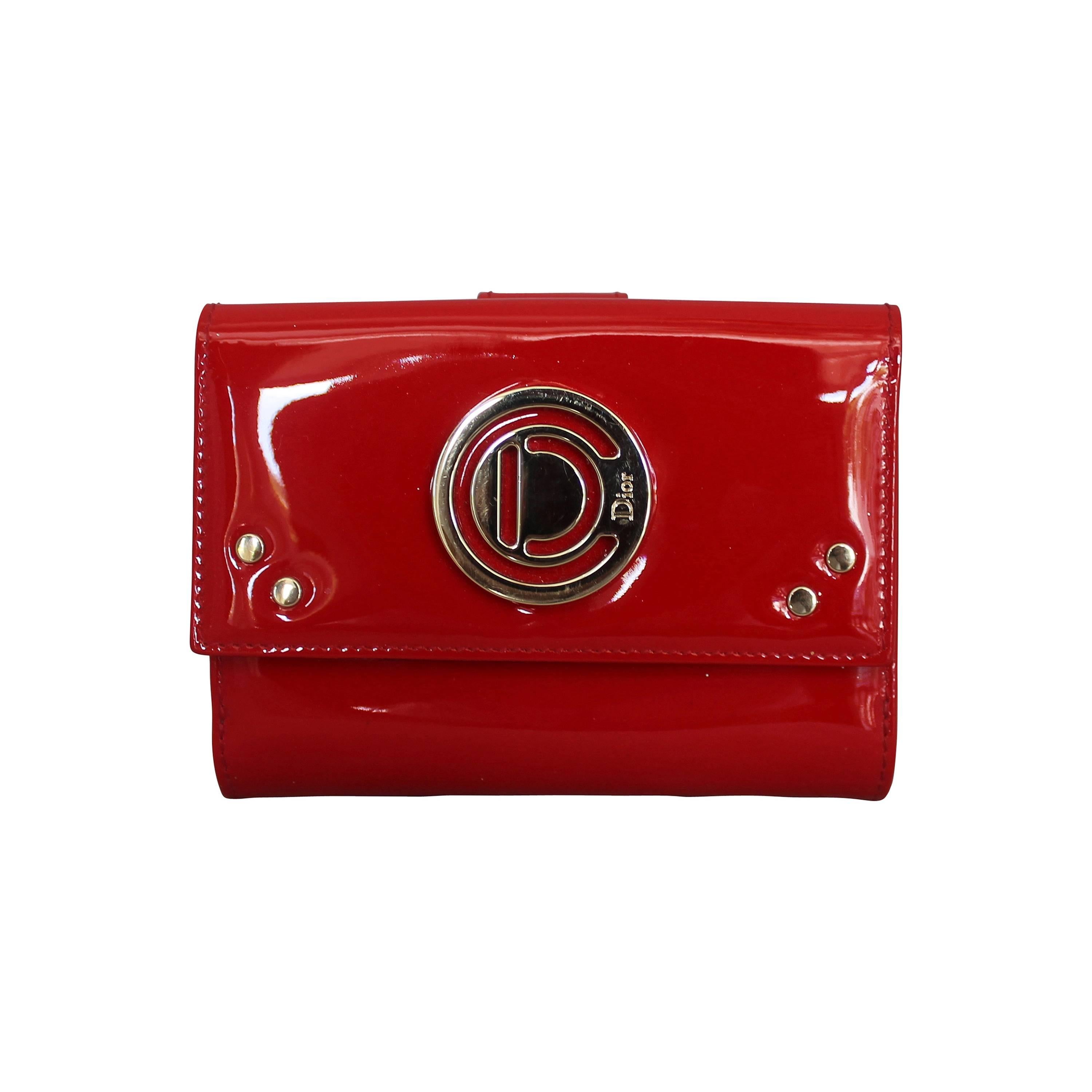 Christian Dior Red Patent Wallet with Logo Plaque SHW