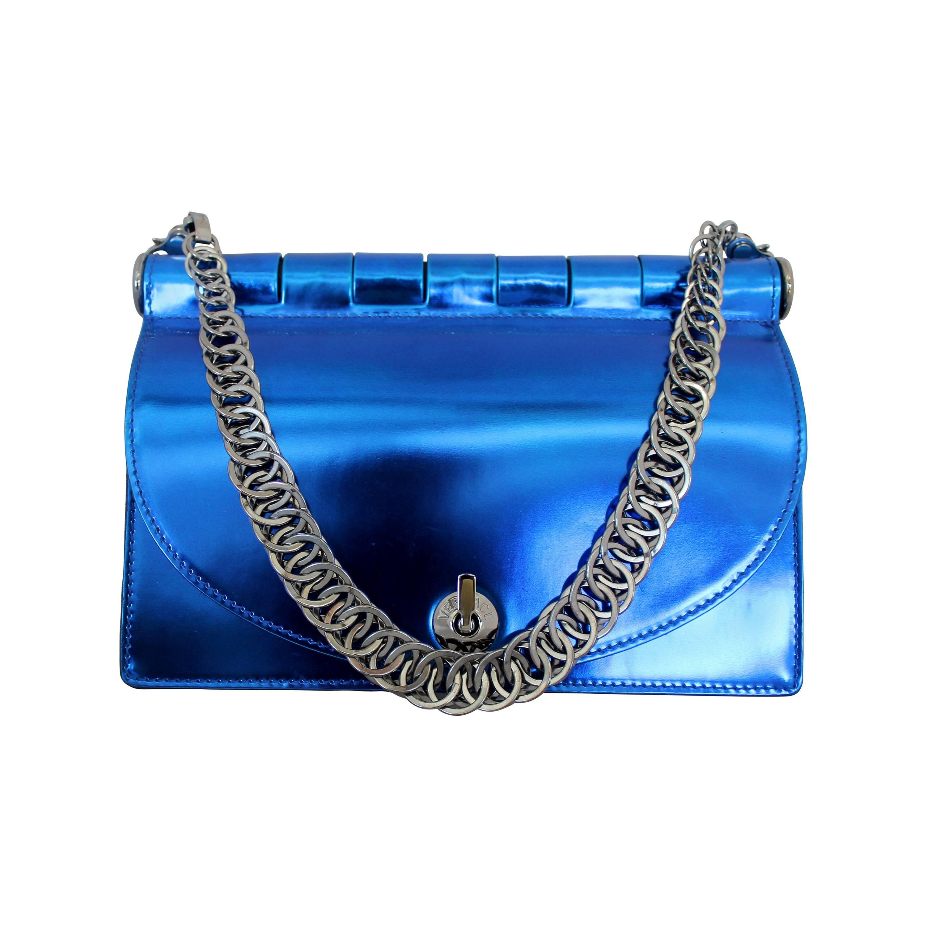 Versace Electric Blue Fold-Over Bag with Paladium Chain Handle 
