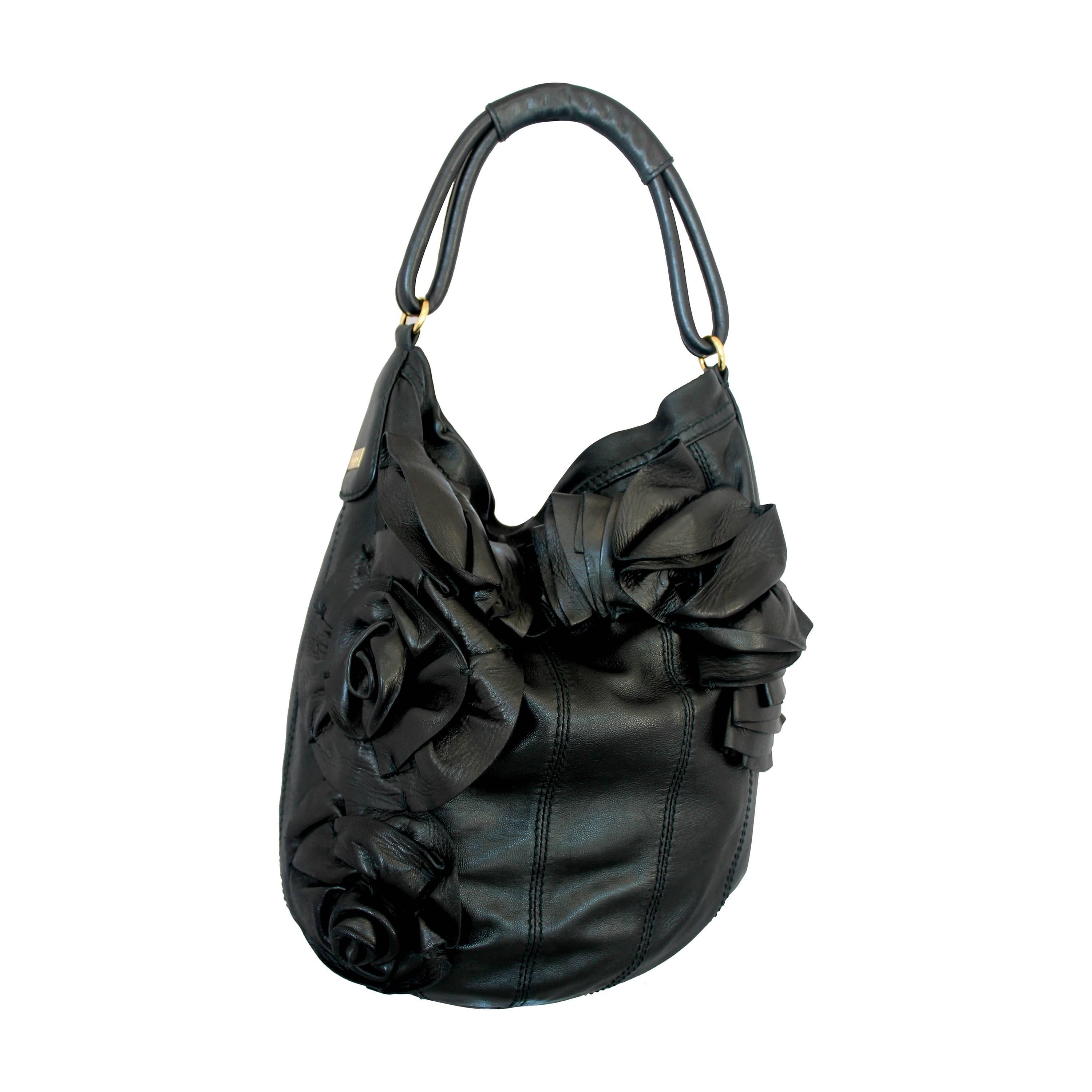 Valentino Black Leather Ruched Flower Shoulder Bag GHW