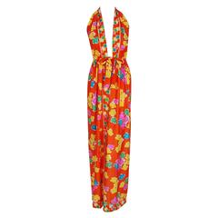 Vintage 1970's Oscar de la Renta Colorful Silk-Jersey Print Halter Plunge Backside Dress