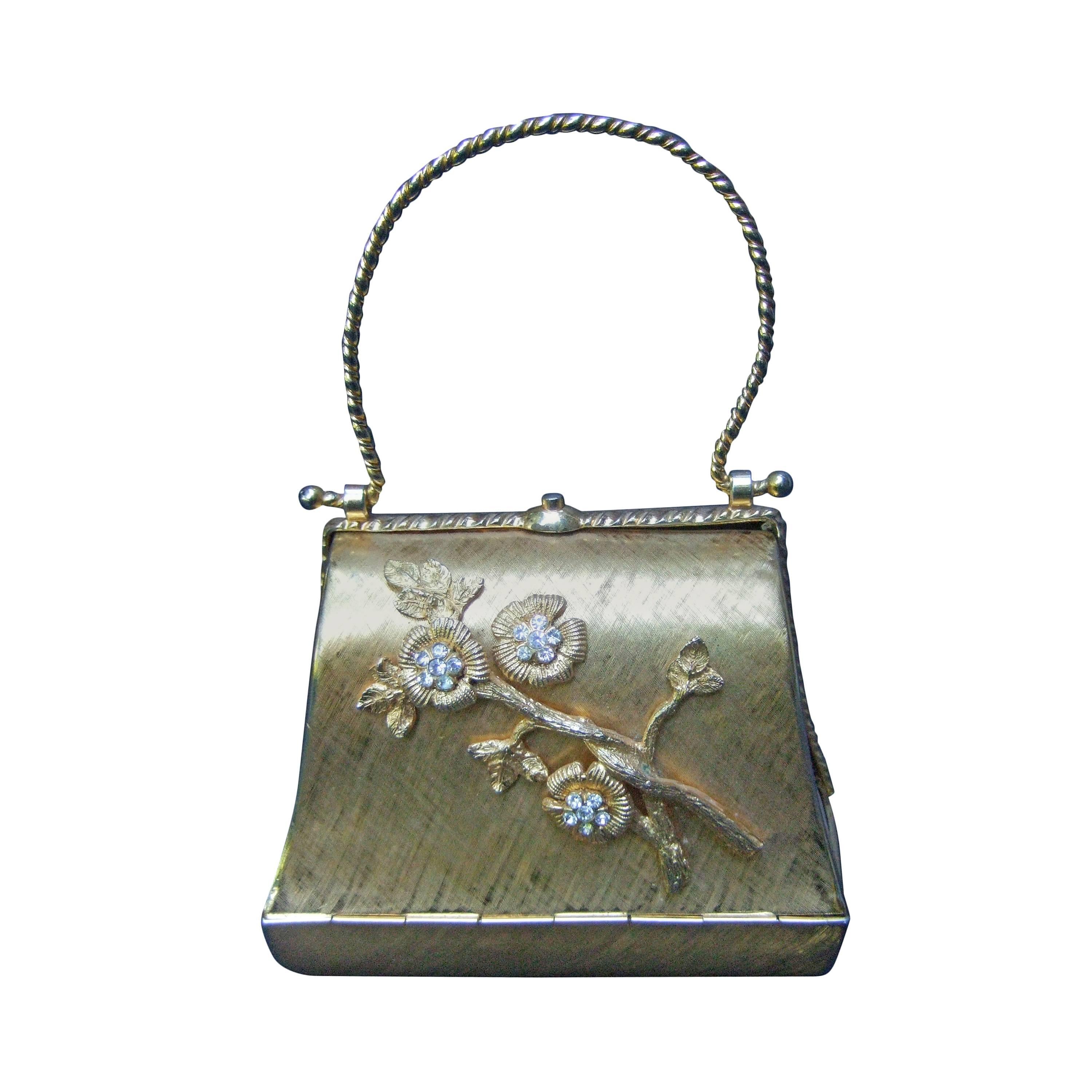 Opulent Gilt Metal Jeweled Flower Evening Bag c 1970