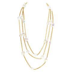 Chanel '96 Faux Pearl Long Strand Necklace w. Crystal Detail For Sale