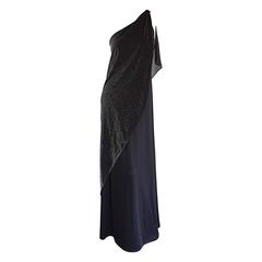 Amazing 1970s Black + Silver Metallic One Shoulder Grecian Toga Maxi Dress