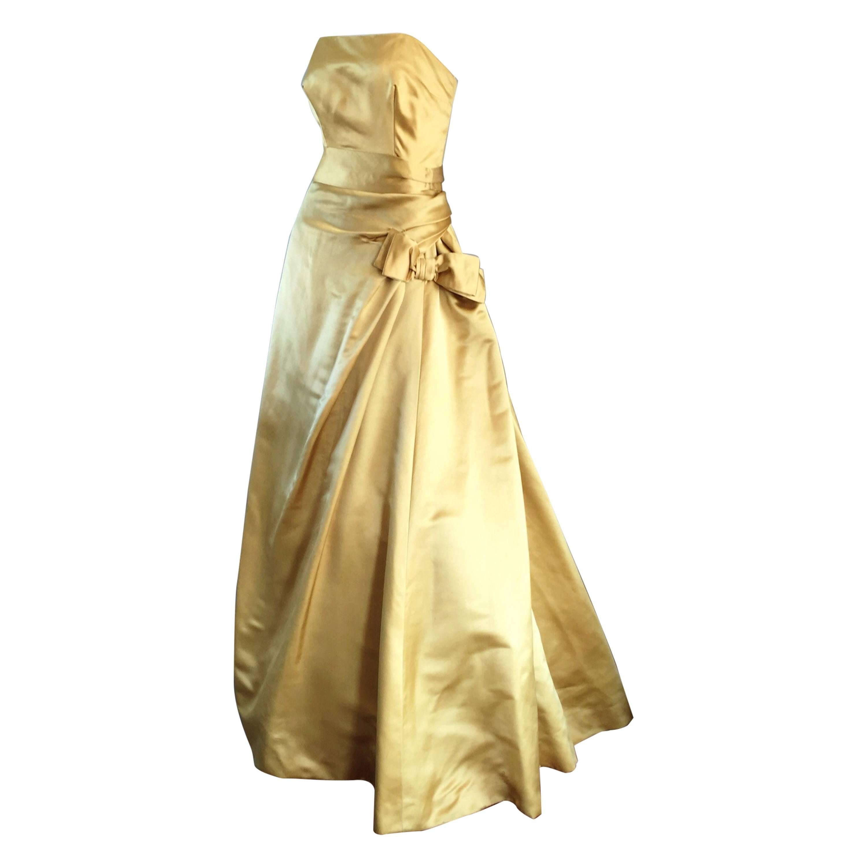 Exceptional 1950s Harvey Berin for I. Magnin Gold Vintage 50s Satin Gown / Dress