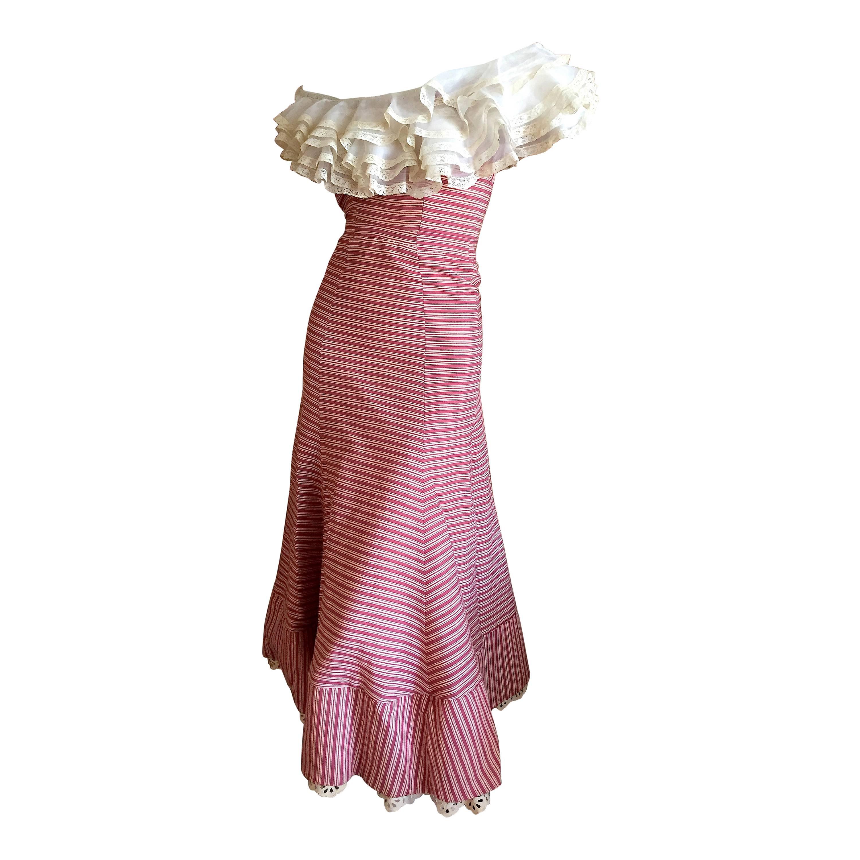 1930's Sweet Stripe Day Dress with Lace Bust and Hem For Sale