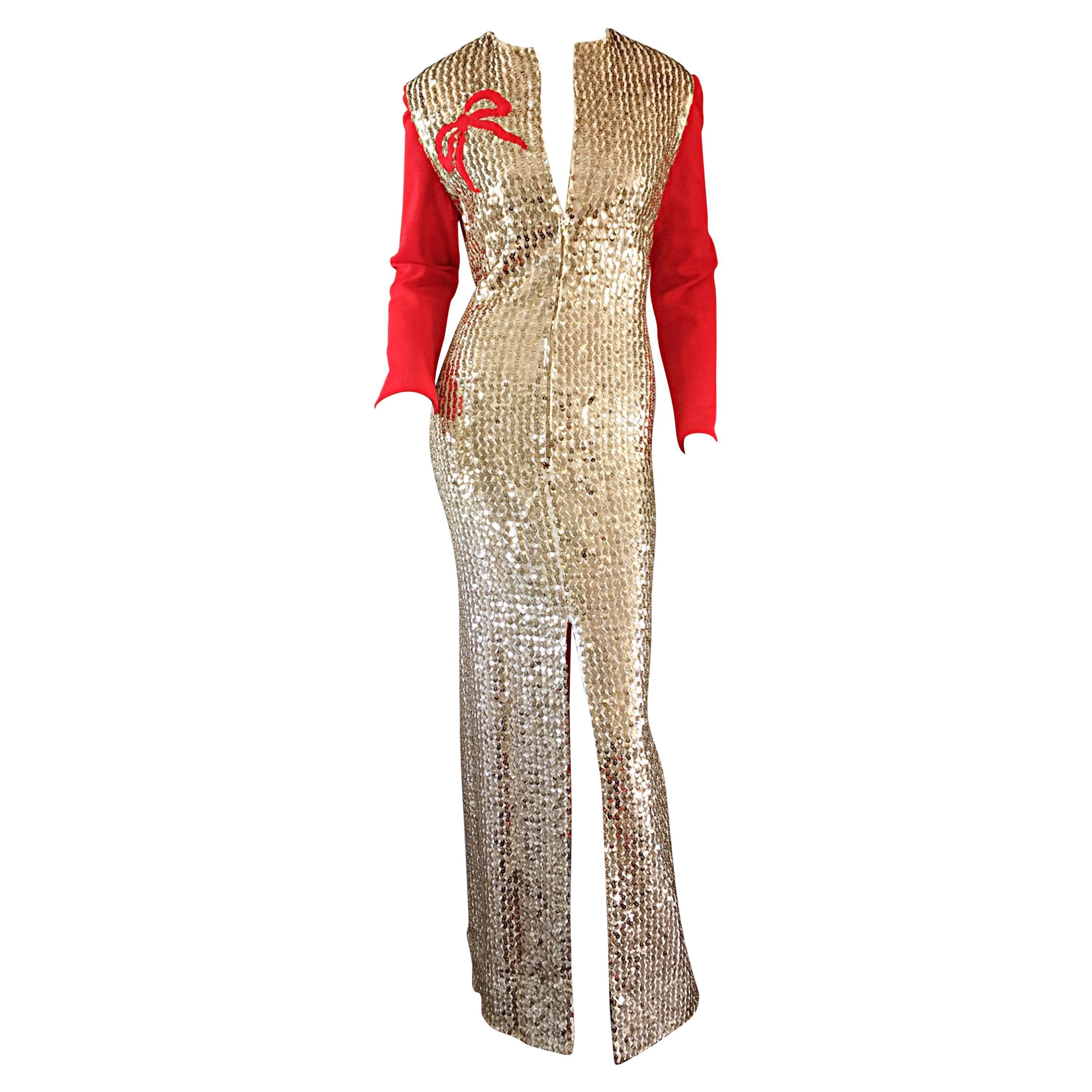 Rare Vintage Oscar de la Renta Gold Sequin " Red Ribbon " Dress Gown