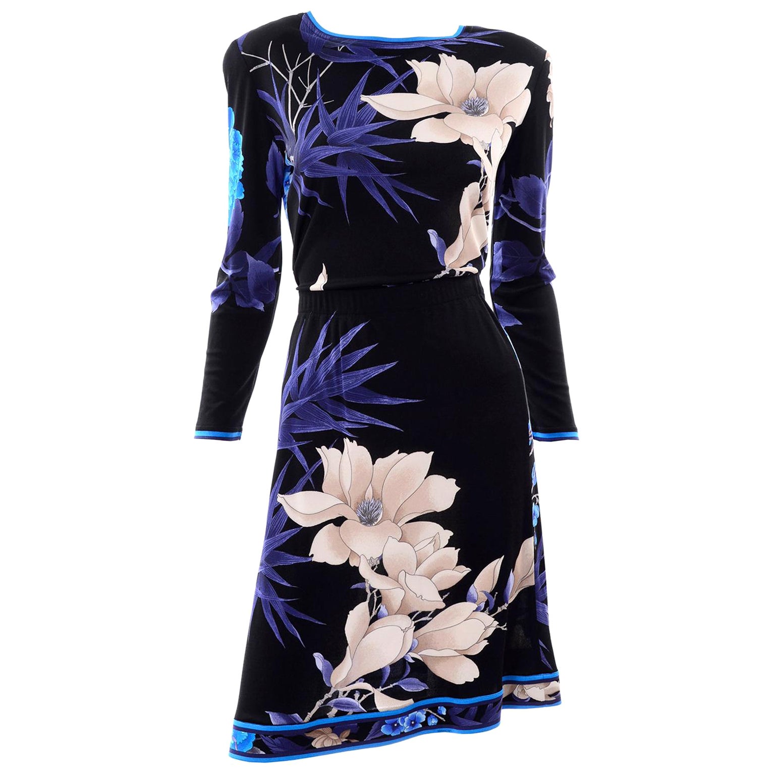 Black Leonard 2 Pc Silk Jersey Floral Print Dress W Long Sleeve Top & Skirt
