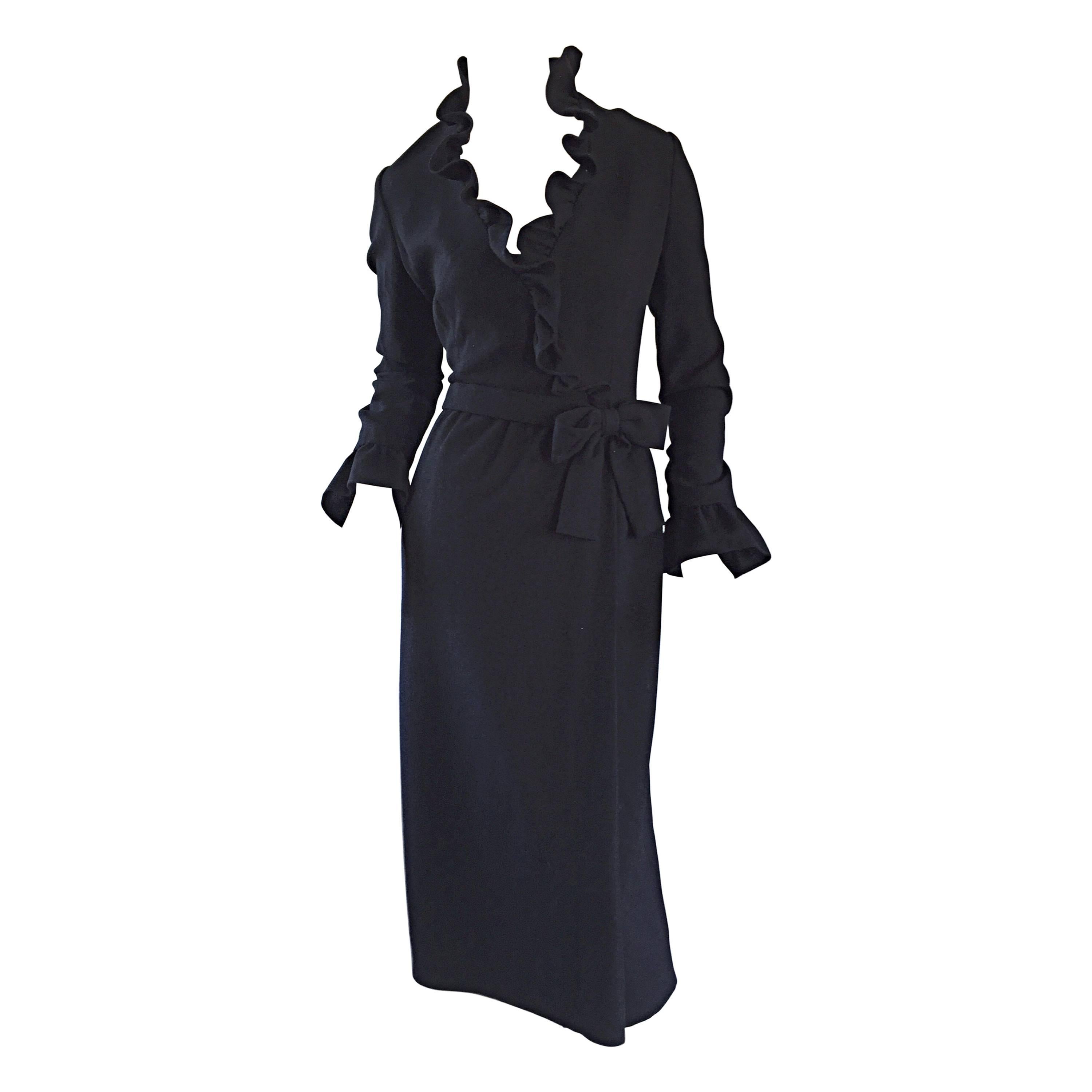 Chic Mollie Parnis 1960s 60s Vintage Black Wool Wrap Dress w/ Ruffles + Bow Belt
