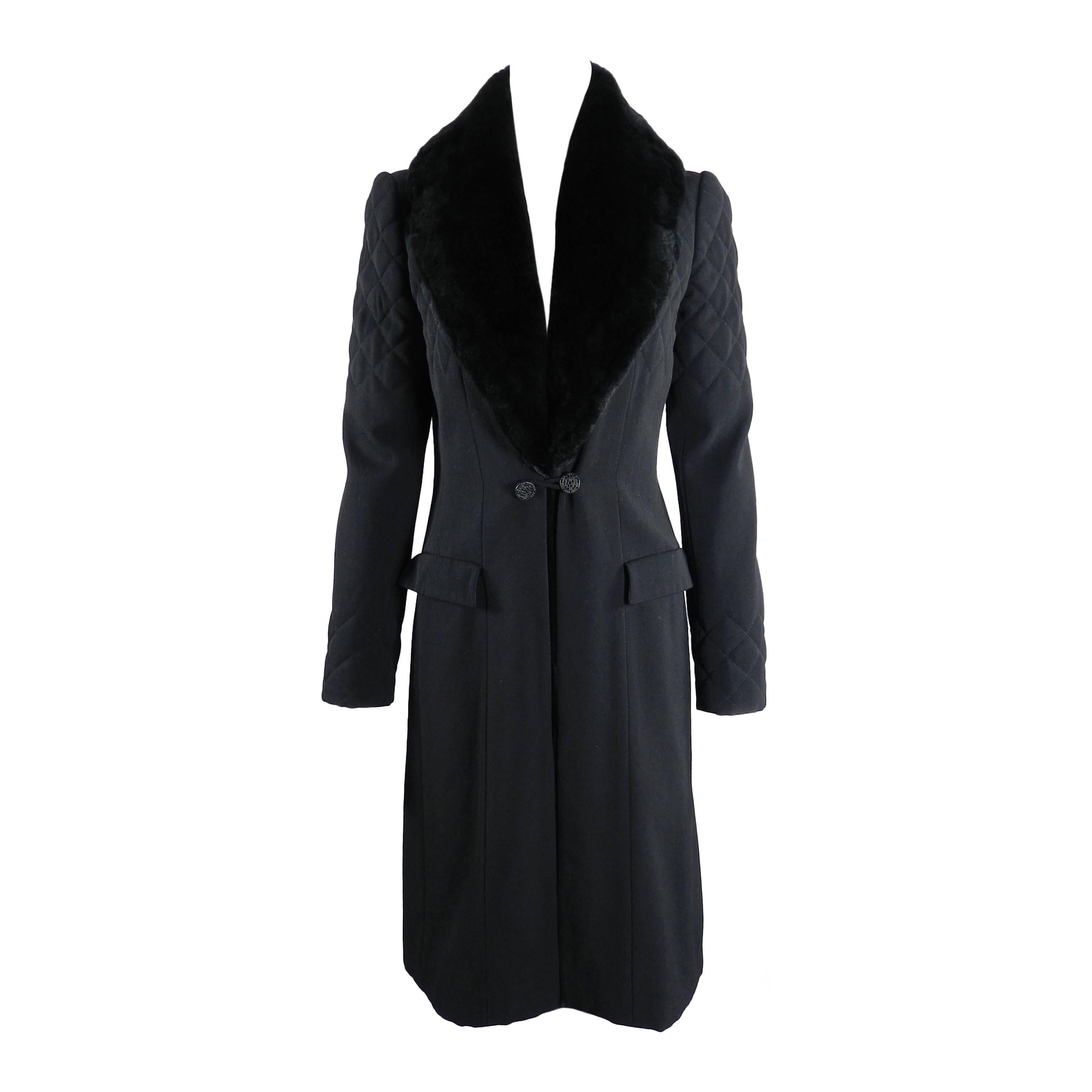 Chanel Long Black Wool Coat with Fur Trim