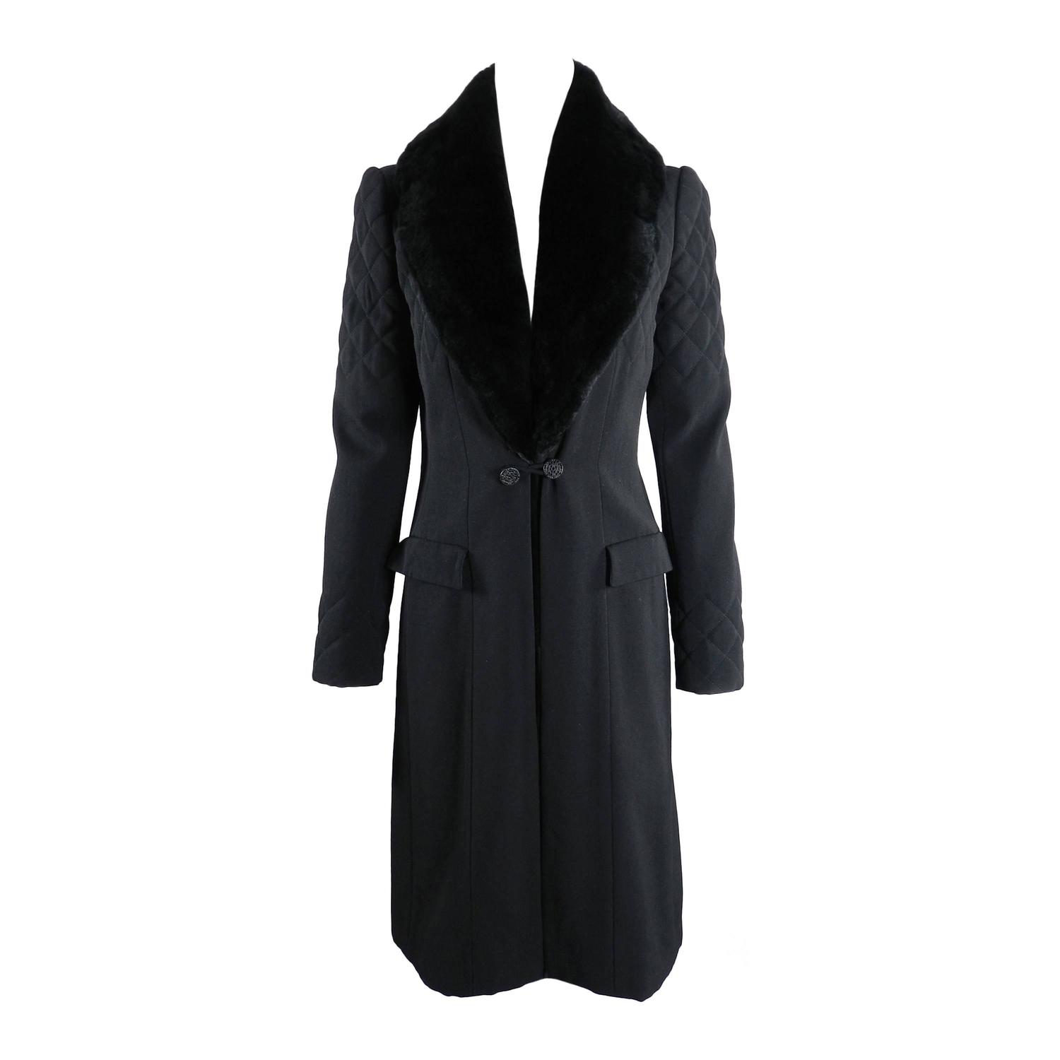 Chanel Long Black Wool Coat with Fur Trim at 1stdibs
